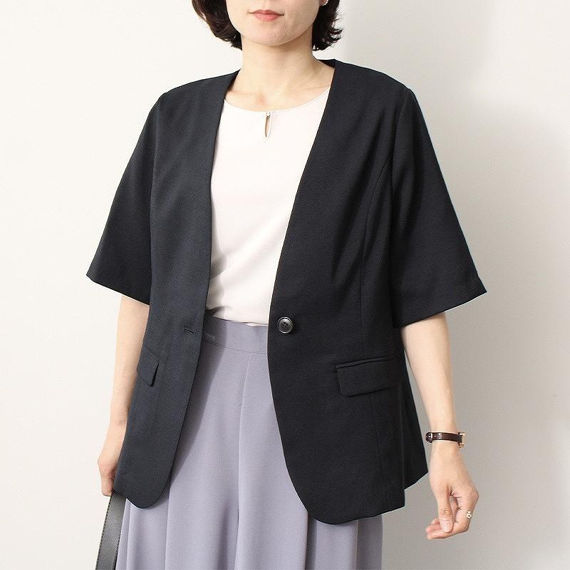 fleur by mint breeze 【大きいサイズ】リネンライク 半袖 ノーカラー ジャケット - 画像 (7)