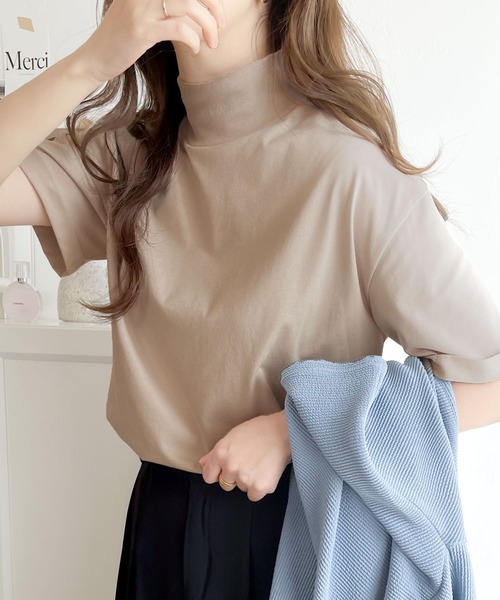 classicalelf tシャツ 大人マストな1枚。シンプルなシルケットハイネック半袖カットソー レディース - 画像 (4)