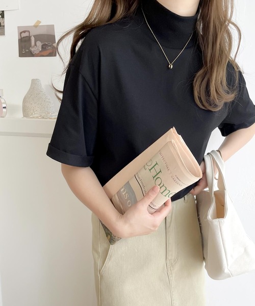 classicalelf tシャツ 大人マストな1枚。シンプルなシルケットハイネック半袖カットソー レディース - 画像 (3)