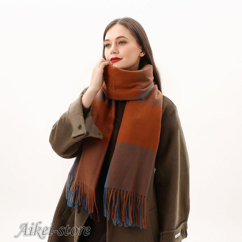 ストール スカーフ マフラー ショール レディース 大判 ロング 秋冬 防寒 暖かい フェイクカシミア フリンジ チェック柄 長方形 - 画像 (3)