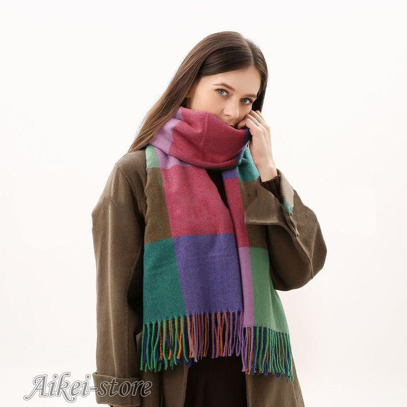 ストール スカーフ マフラー ショール レディース 大判 ロング 秋冬 防寒 暖かい フェイクカシミア フリンジ チェック柄 長方形 - 画像 (8)