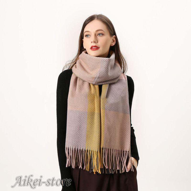 ストール スカーフ マフラー ショール レディース 大判 ロング 秋冬 防寒 暖かい フェイクカシミア フリンジ チェック柄 長方形 - 画像 (9)