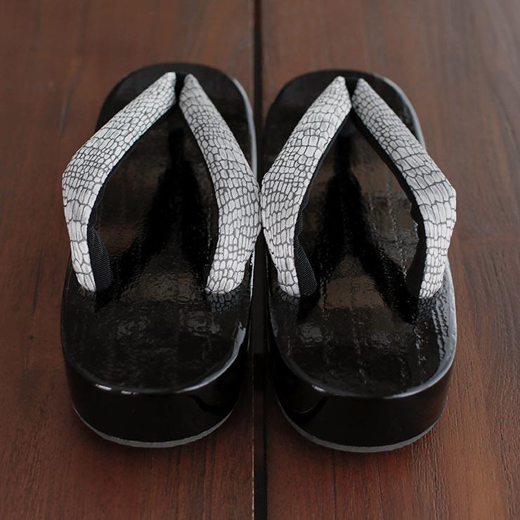 サテンジャガード 右近 黒捌き 下駄 (クロコ・グレー 85 105-377-501) レディース フリーサイズ 黒塗り 桐下駄 モダン 浴衣 ゆかた 夏きもの 単衣 撫松庵 fj506s - 画像 (3)