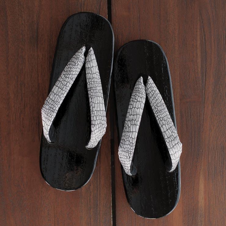 サテンジャガード 右近 黒捌き 下駄 (クロコ・グレー 85 105-377-501) レディース フリーサイズ 黒塗り 桐下駄 モダン 浴衣 ゆかた 夏きもの 単衣 撫松庵 fj506s - 画像 (4)