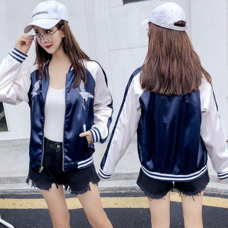 長袖 ゆったりライトアウター スカジャン 花柄刺繍 ブルゾン ショート丈レディース リバーシブル ジャンパー スタジャン ジップアップ2way コート - 画像 (6)