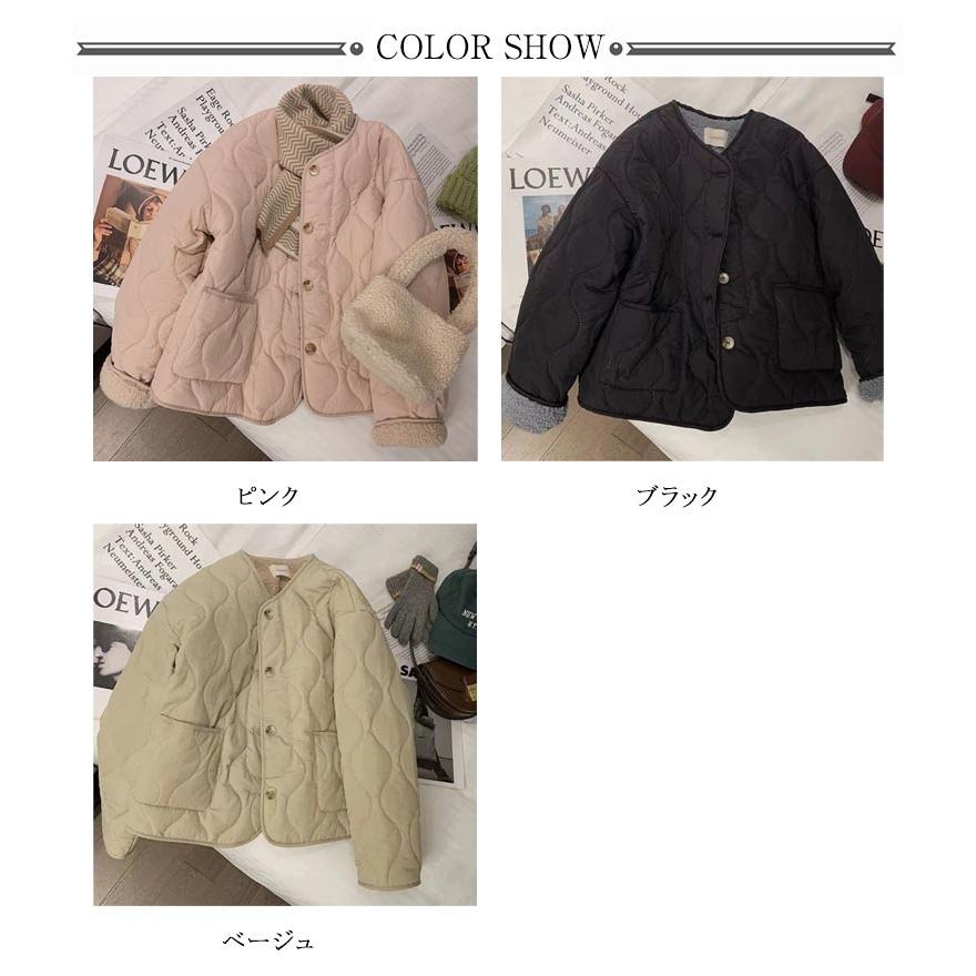 裏ボア ジャケット 冬 裏起毛 アウターカー レディース キルティングジャケット ノーカラージャケット あったか 大き - 画像 (6)