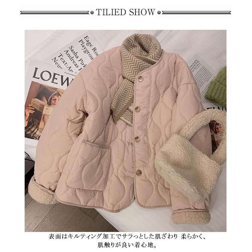 裏ボア ジャケット 冬 裏起毛 アウターカー レディース キルティングジャケット ノーカラージャケット あったか 大き - 画像 (7)