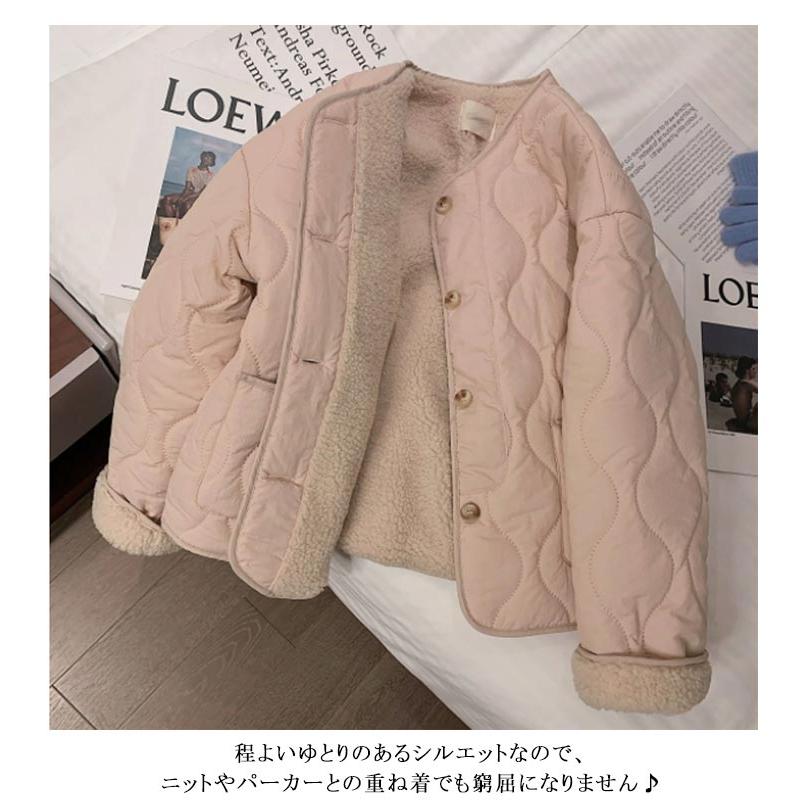 裏ボア ジャケット 冬 裏起毛 アウターカー レディース キルティングジャケット ノーカラージャケット あったか 大き - 画像 (8)