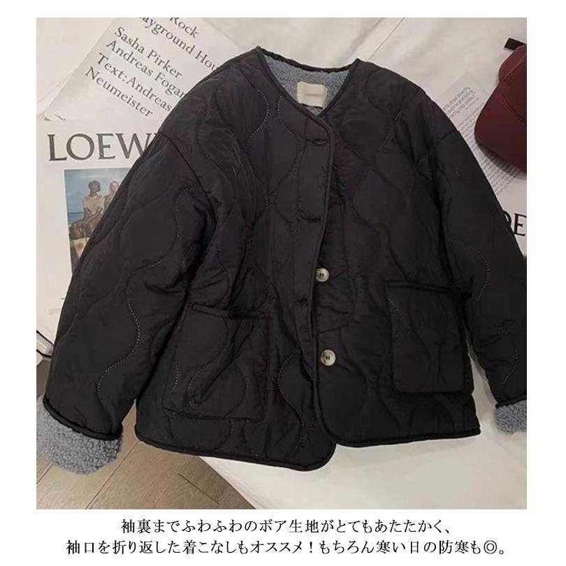 裏ボア ジャケット 冬 裏起毛 アウターカー レディース キルティングジャケット ノーカラージャケット あったか 大き - 画像 (9)