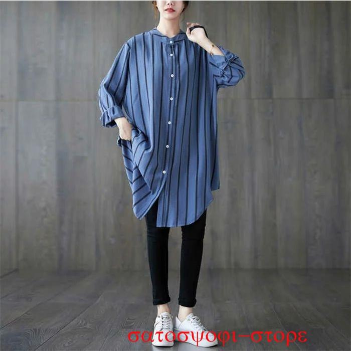 チュニック シャツ チュニックシャツ ロング ブラウス レディース ロングシャツ シャツワンピース 前開き ストライプ柄 長袖 大きいサイズ ゆったり 体型 - 画像 (8)