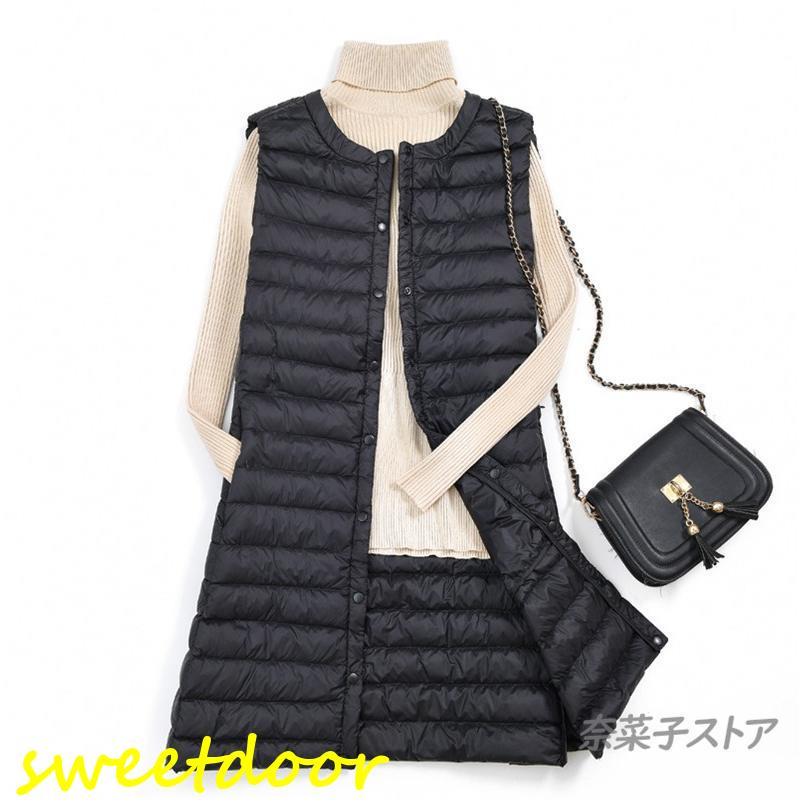 ロングベスト 秋冬 レディース ダウン 無 ロング丈 薄手 軽量 あったか 防寒 細身 着痩せ Aライン - 画像 (4)