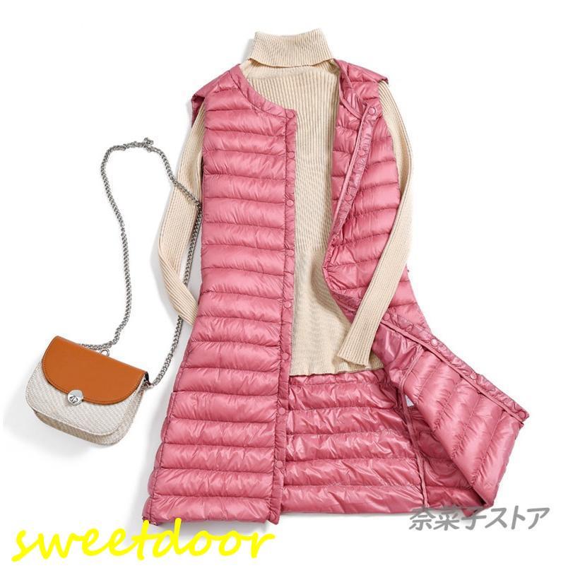 ロングベスト 秋冬 レディース ダウン 無 ロング丈 薄手 軽量 あったか 防寒 細身 着痩せ Aライン - 画像 (5)