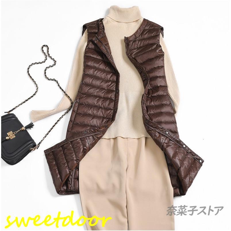 ロングベスト 秋冬 レディース ダウン 無 ロング丈 薄手 軽量 あったか 防寒 細身 着痩せ Aライン - 画像 (8)