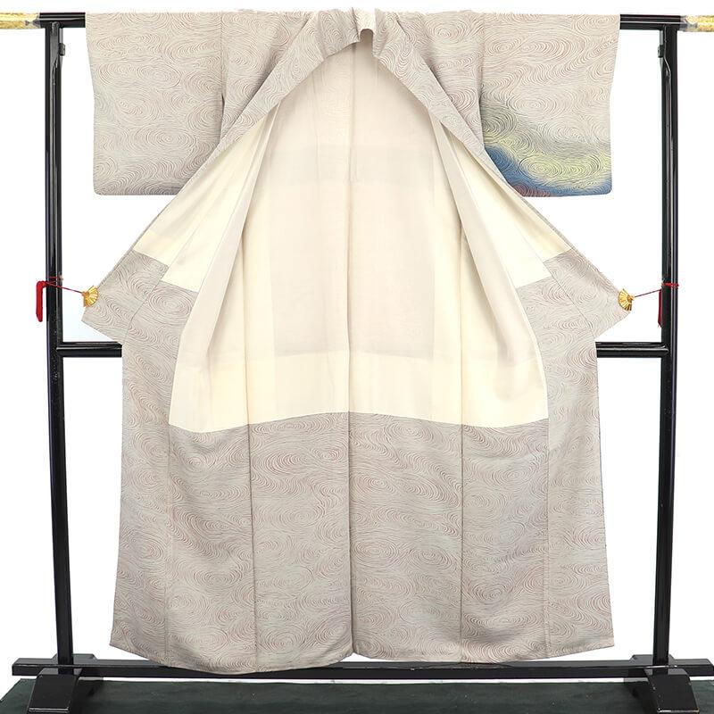 中古 訪問着 レディース 正絹 ベージュ 流水文様 色ぼかし 作家物 身丈160cm 裄丈62.5cm 仕立て上がり着物 リサイクル着物 即日発送 - 画像 (8)