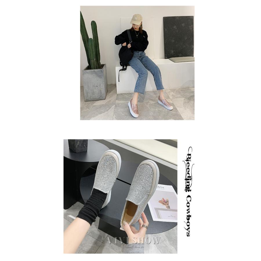 レディース スリッポン ローファー モカシン スニーカー 厚底 キラキラ 紐なし 通学 通勤 美脚 履きやすい 歩きやすい フラット カジュアル ぺたんこ おしゃれ - 画像 (4)